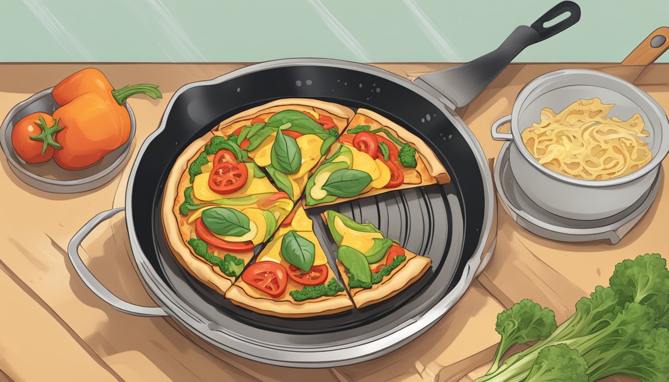 A veggie pizza sizzling in a skillet on a stovetop, steam rising as it reheats