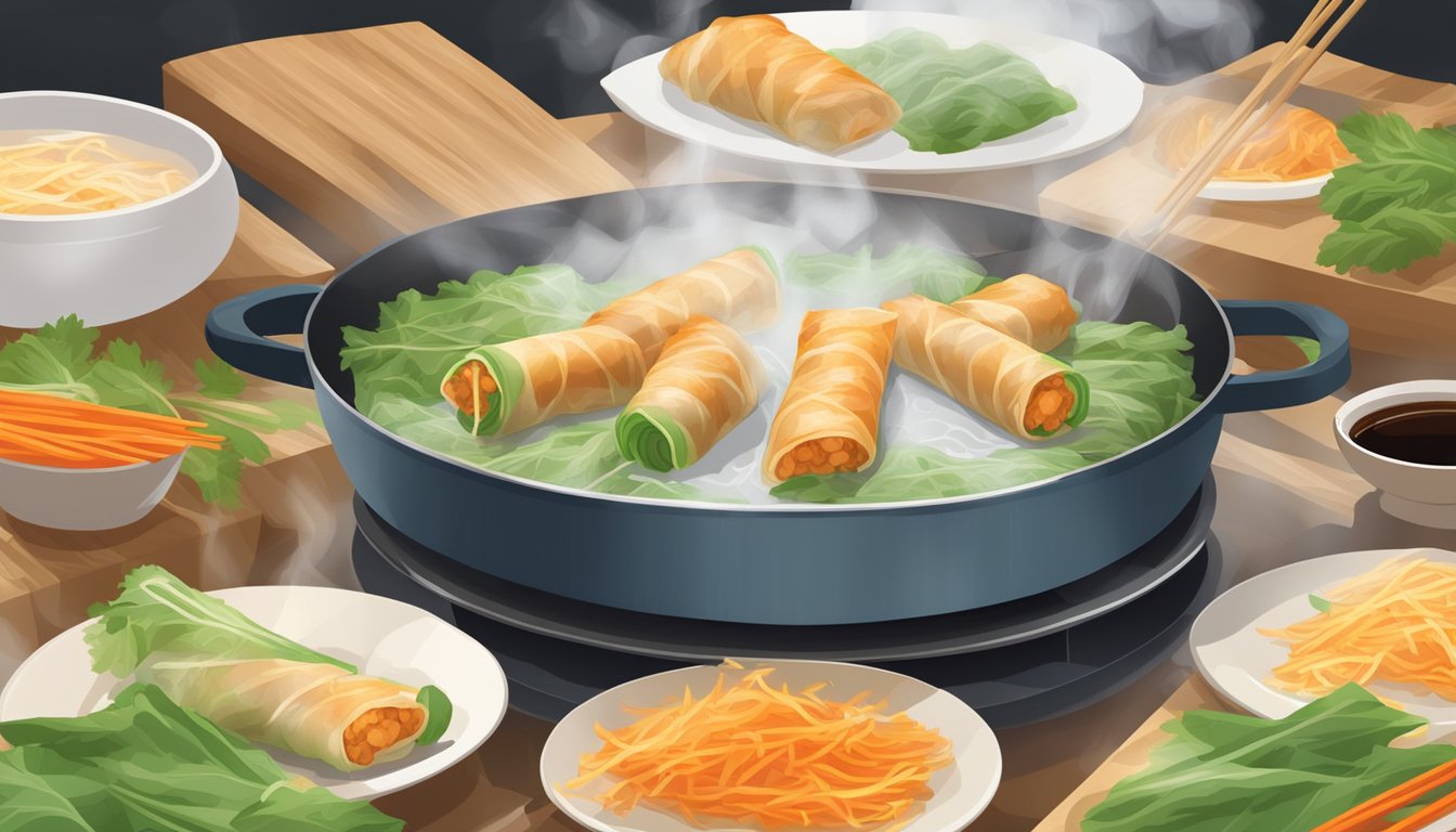 A plate of Vietnamese spring rolls being heated in a pan, steam rising from the sizzling rolls