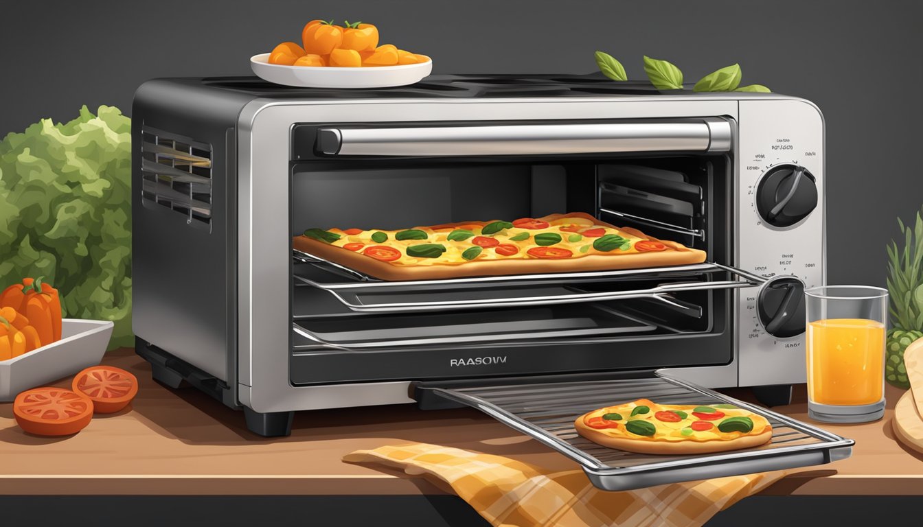 A toaster oven with a veggie pizza inside, the warm glow of the heating elements, and the aroma of melted cheese and roasted vegetables