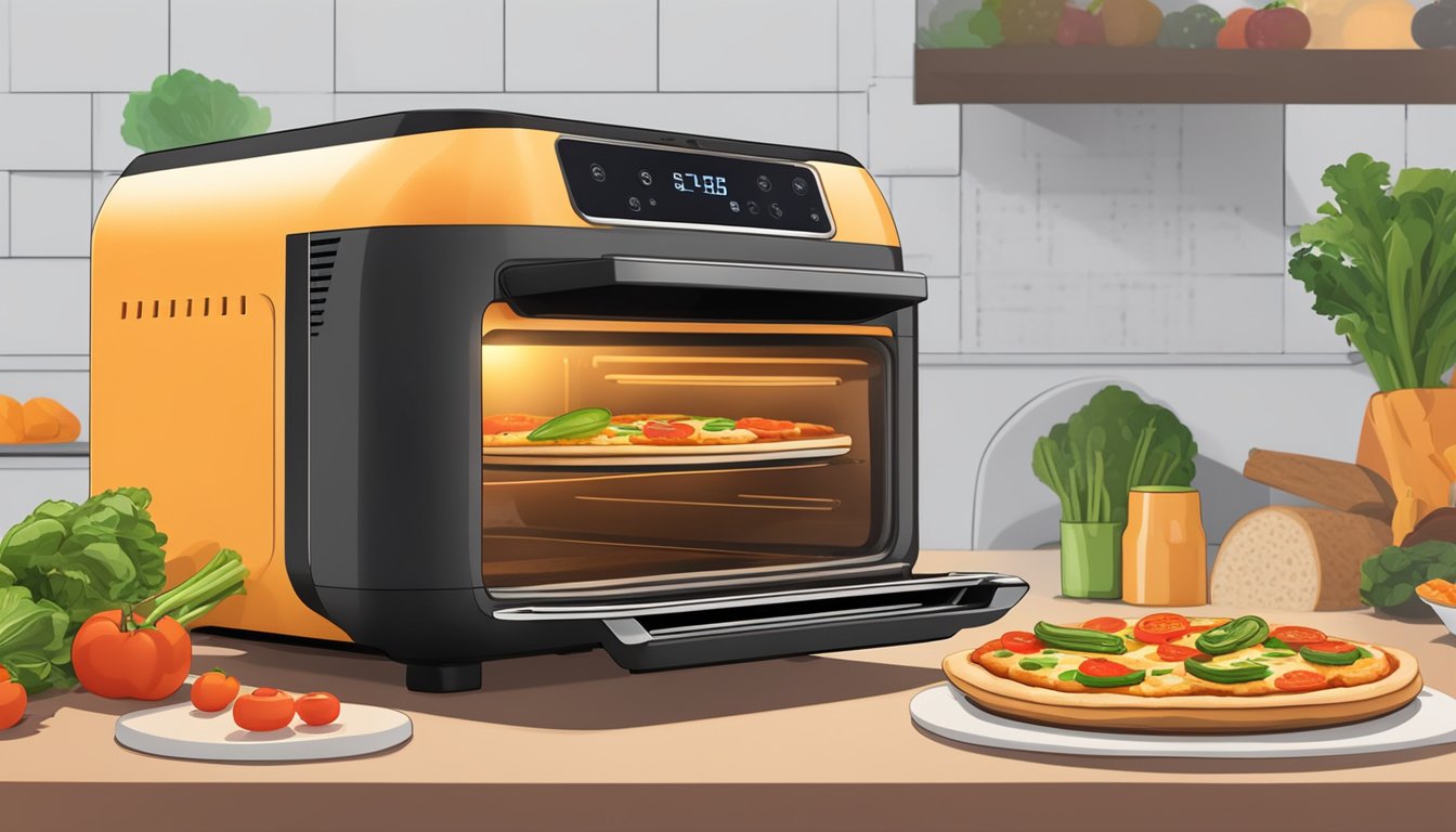 A veggie pizza sits inside an air fryer, surrounded by hot air and the glow of the appliance's digital display