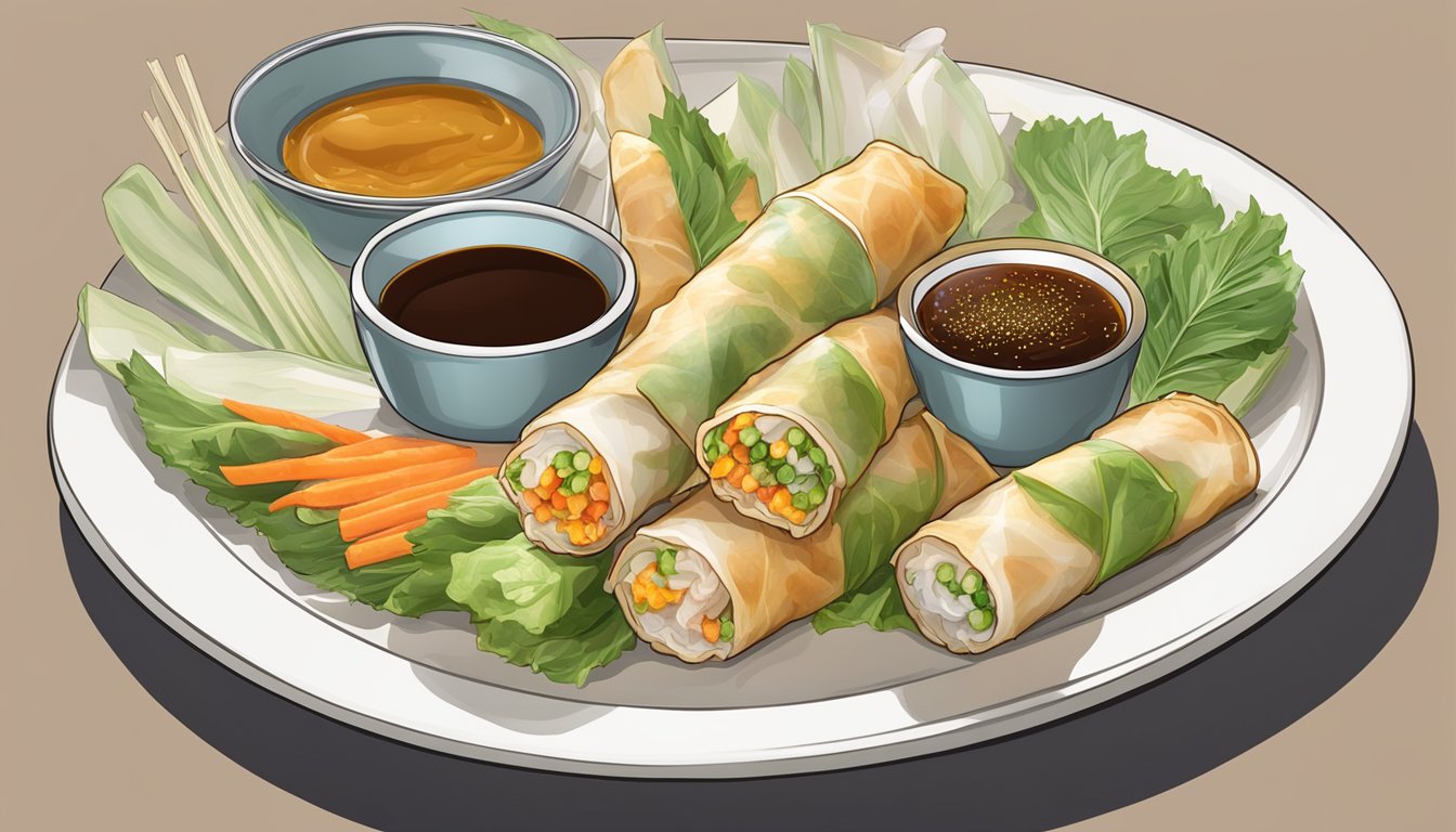 A plate of freshly reheated Vietnamese spring rolls, steam rising from the crispy golden exterior, surrounded by a selection of dipping sauces