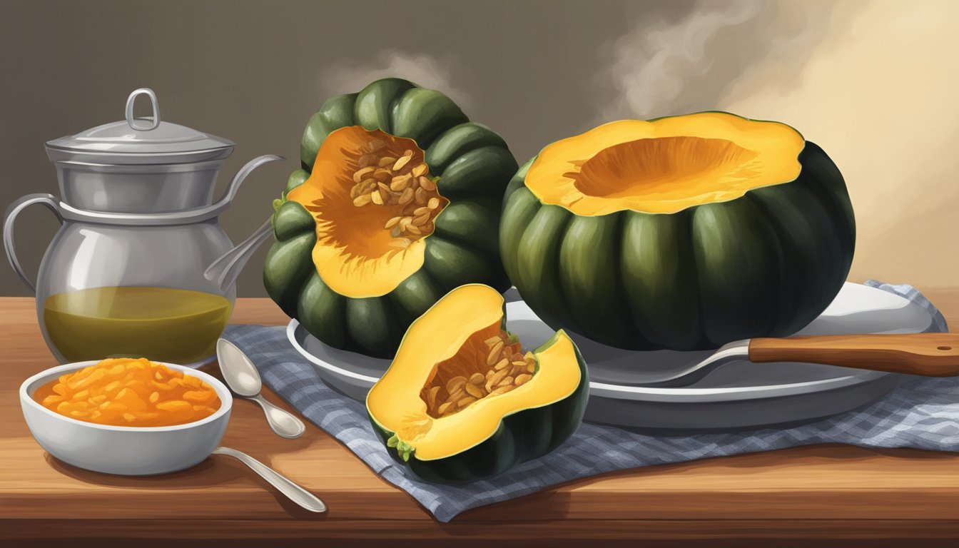 An acorn squash sits on a cutting board next to a pot of soup, steam rising from the surface. A spoon rests on the side of the pot