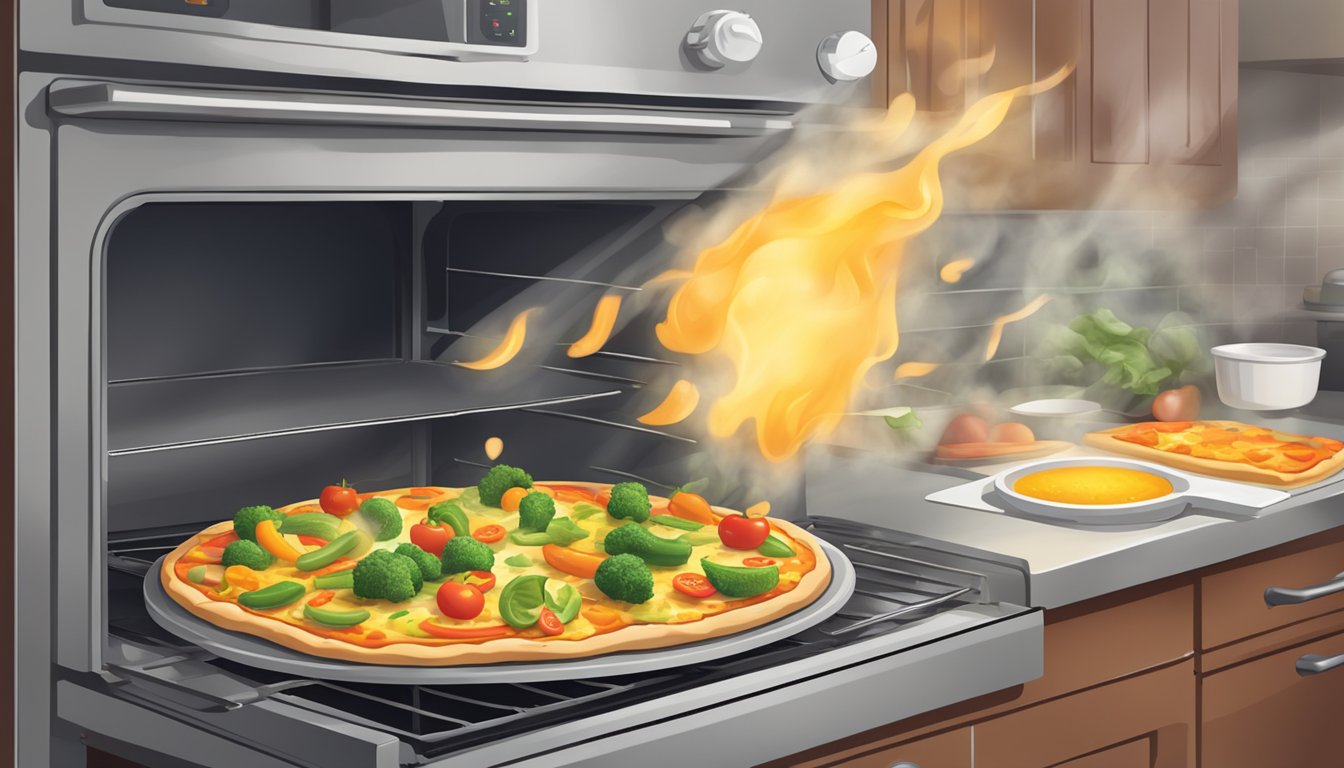 A veggie pizza being reheated in a preheated oven, with steam rising from the melted cheese and sizzling vegetables