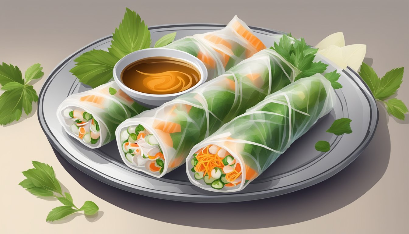 A plate of freshly reheated Vietnamese spring rolls surrounded by dipping sauce and garnished with herbs