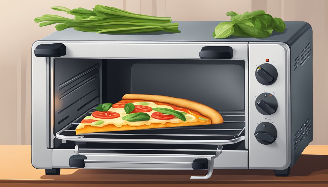 A slice of veggie pizza being reheated in a toaster oven