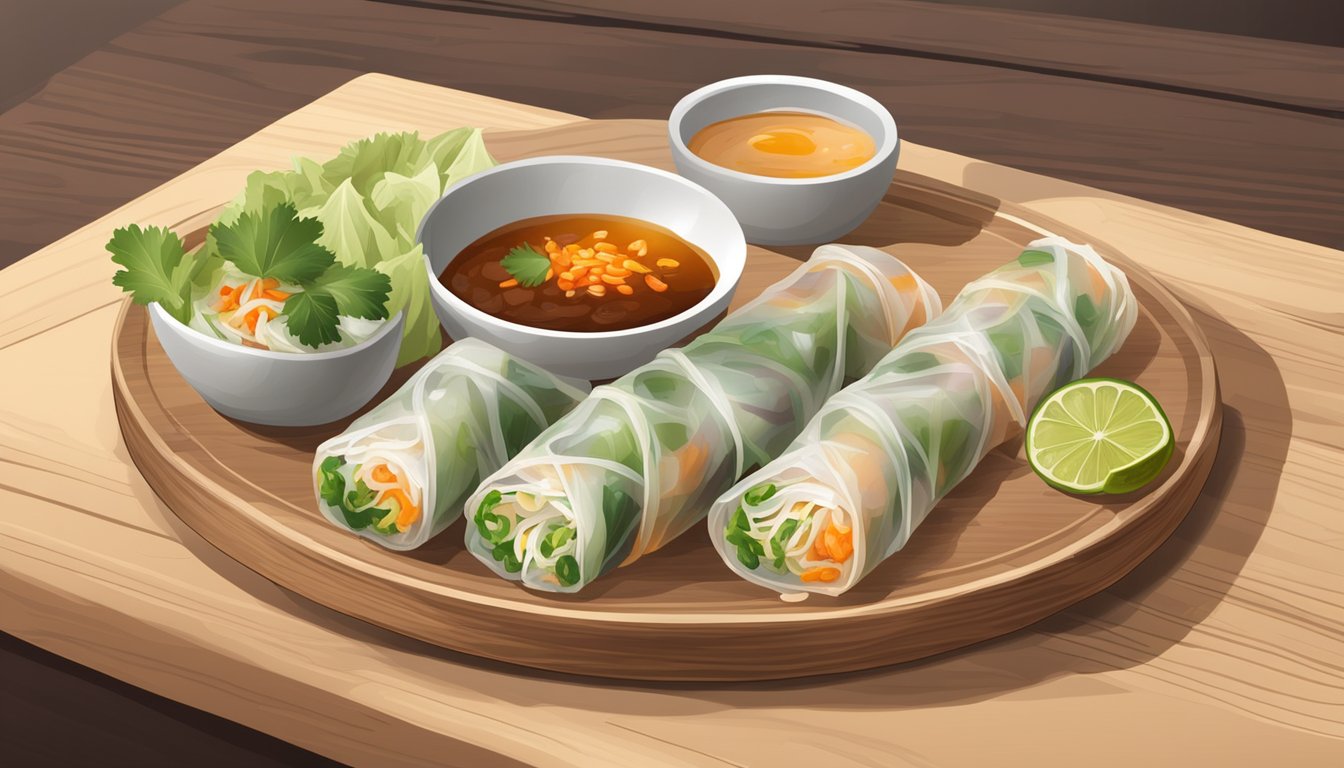 A plate of freshly reheated Vietnamese spring rolls with dipping sauce and garnishes on a wooden serving platter