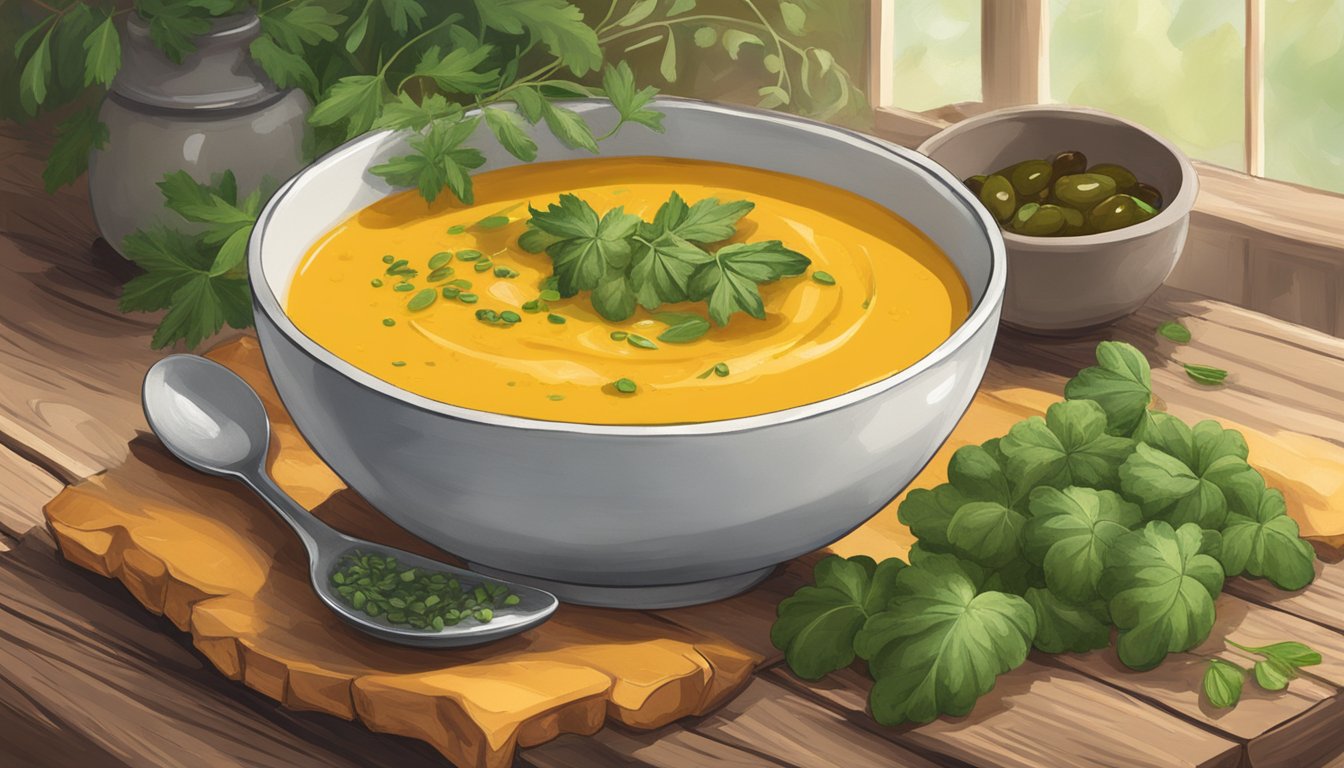 A steaming bowl of acorn squash soup sits on a rustic wooden table, surrounded by fresh herbs and a drizzle of olive oil