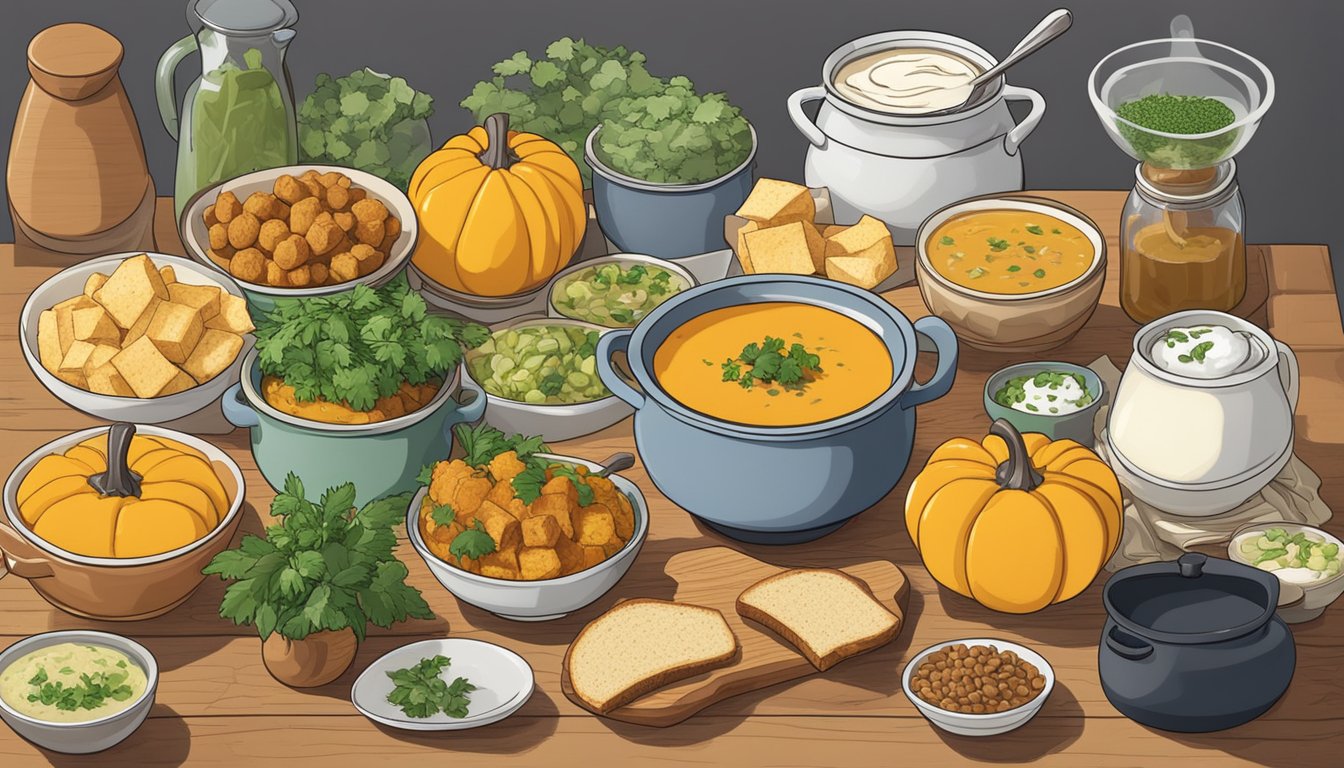 A pot of acorn squash soup sits on a stove, surrounded by bowls of various toppings and accompaniments such as croutons, sour cream, and fresh herbs