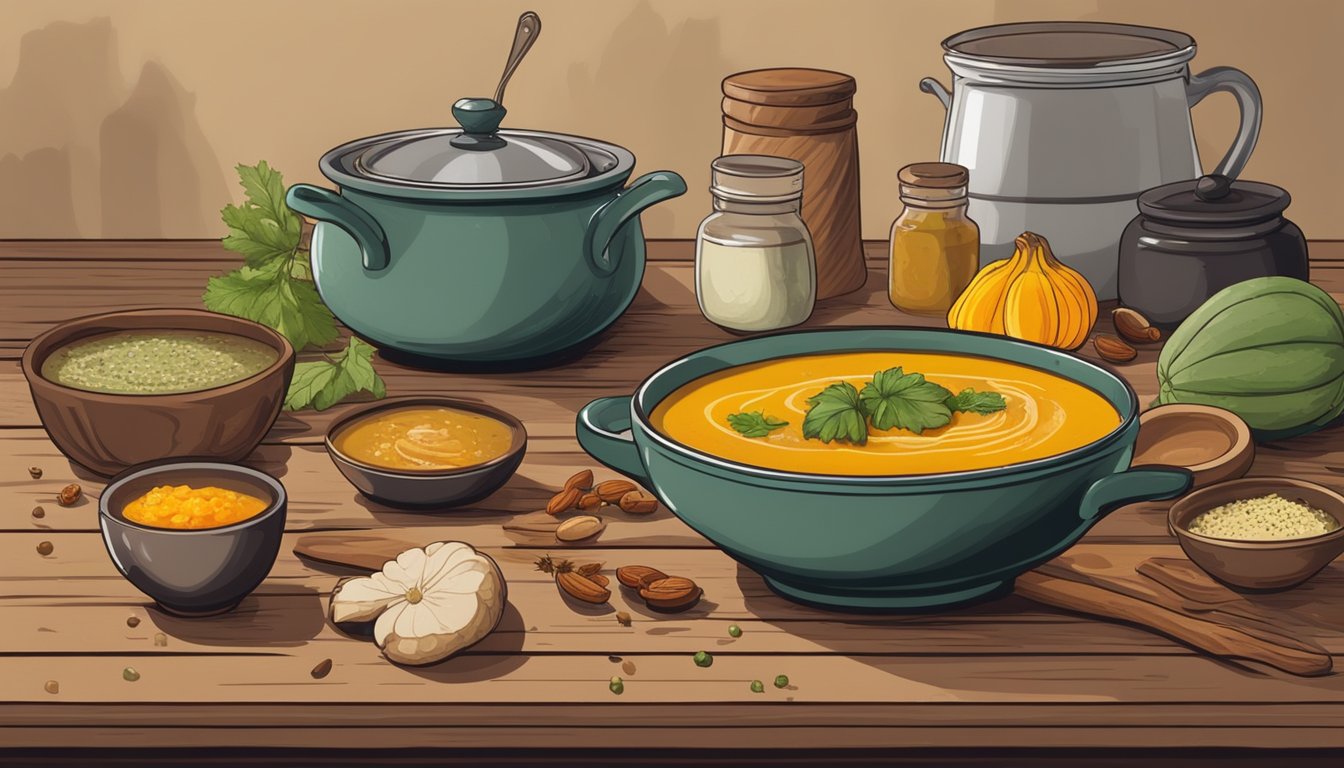 A steaming bowl of acorn squash soup sits on a rustic wooden table, surrounded by various ingredients and spices for creating different broth variations