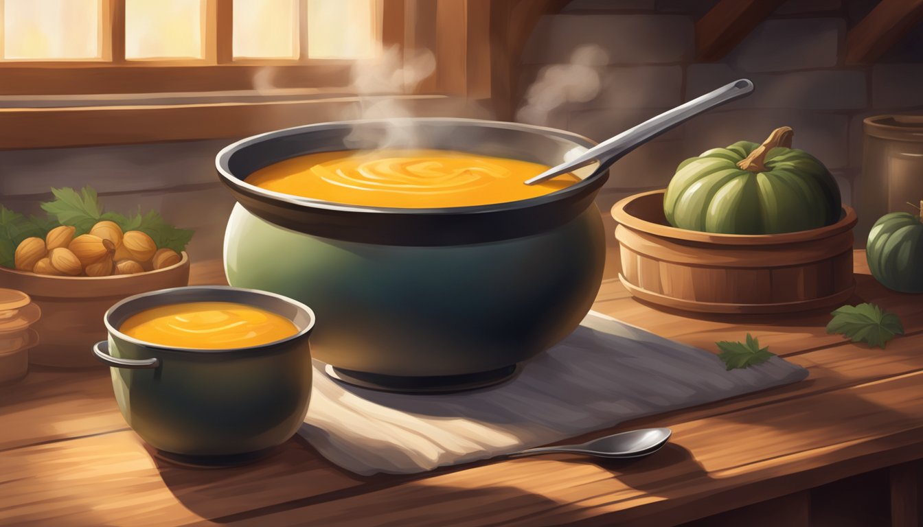 A steaming bowl of acorn squash soup sits on a rustic wooden table next to a pot and ladle. A cozy kitchen with warm lighting in the background