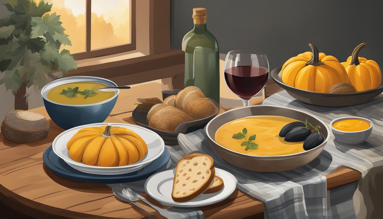 A rustic table setting with a variety of breads, wine glasses, and a steaming bowl of acorn squash soup being reheated on a stovetop