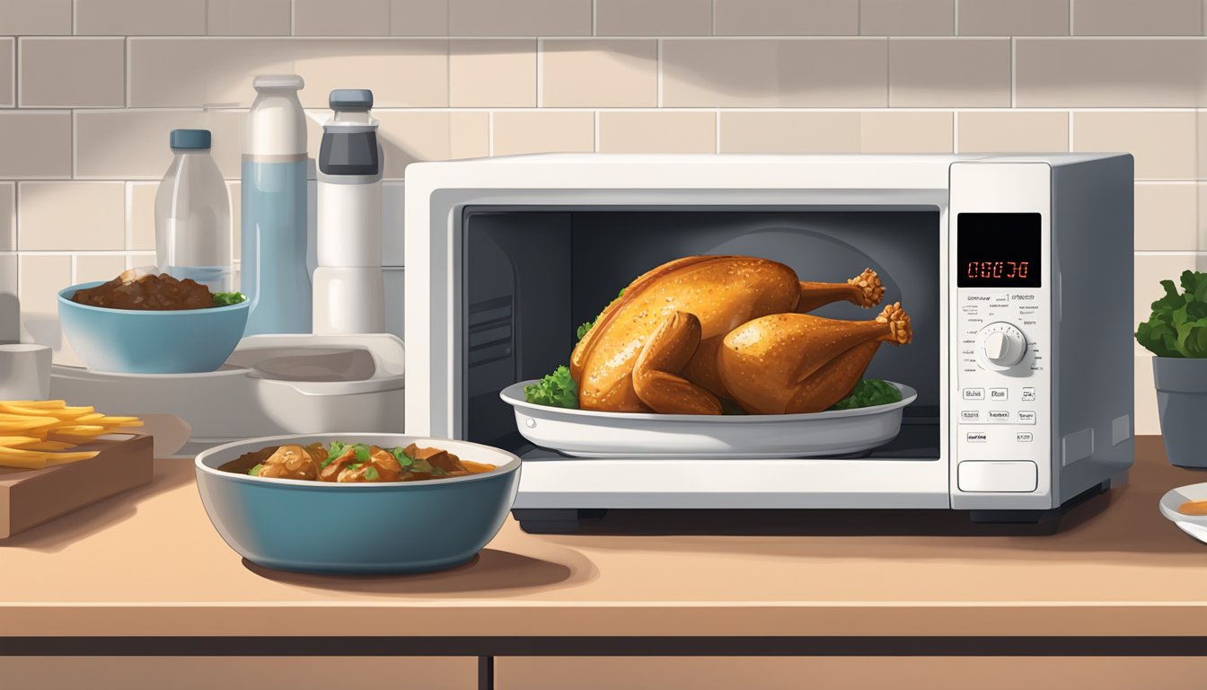 A plate of adobo chicken sits next to a microwave, with a lid partially covering it. A timer is set for reheating