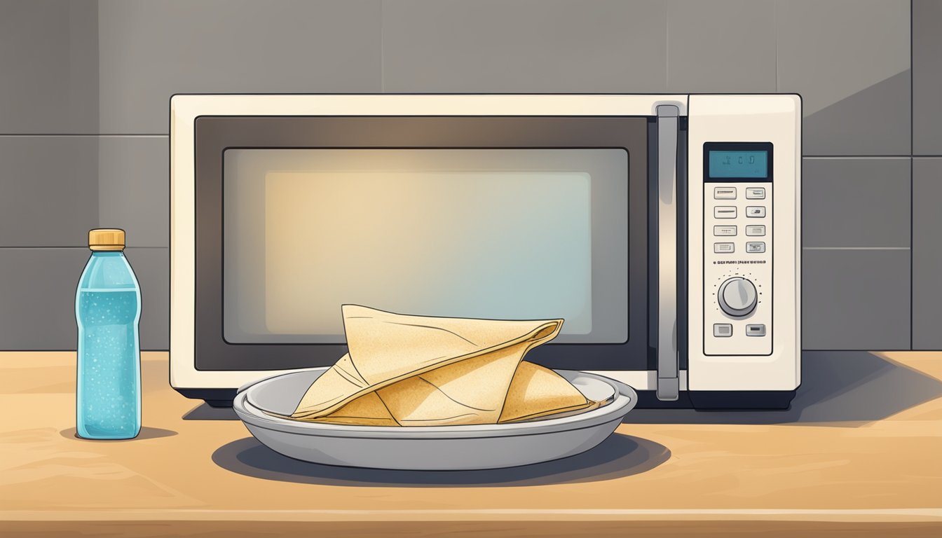 A microwave with a wrapped tortilla inside, a small bowl of water, and a damp paper towel on top of the wrap