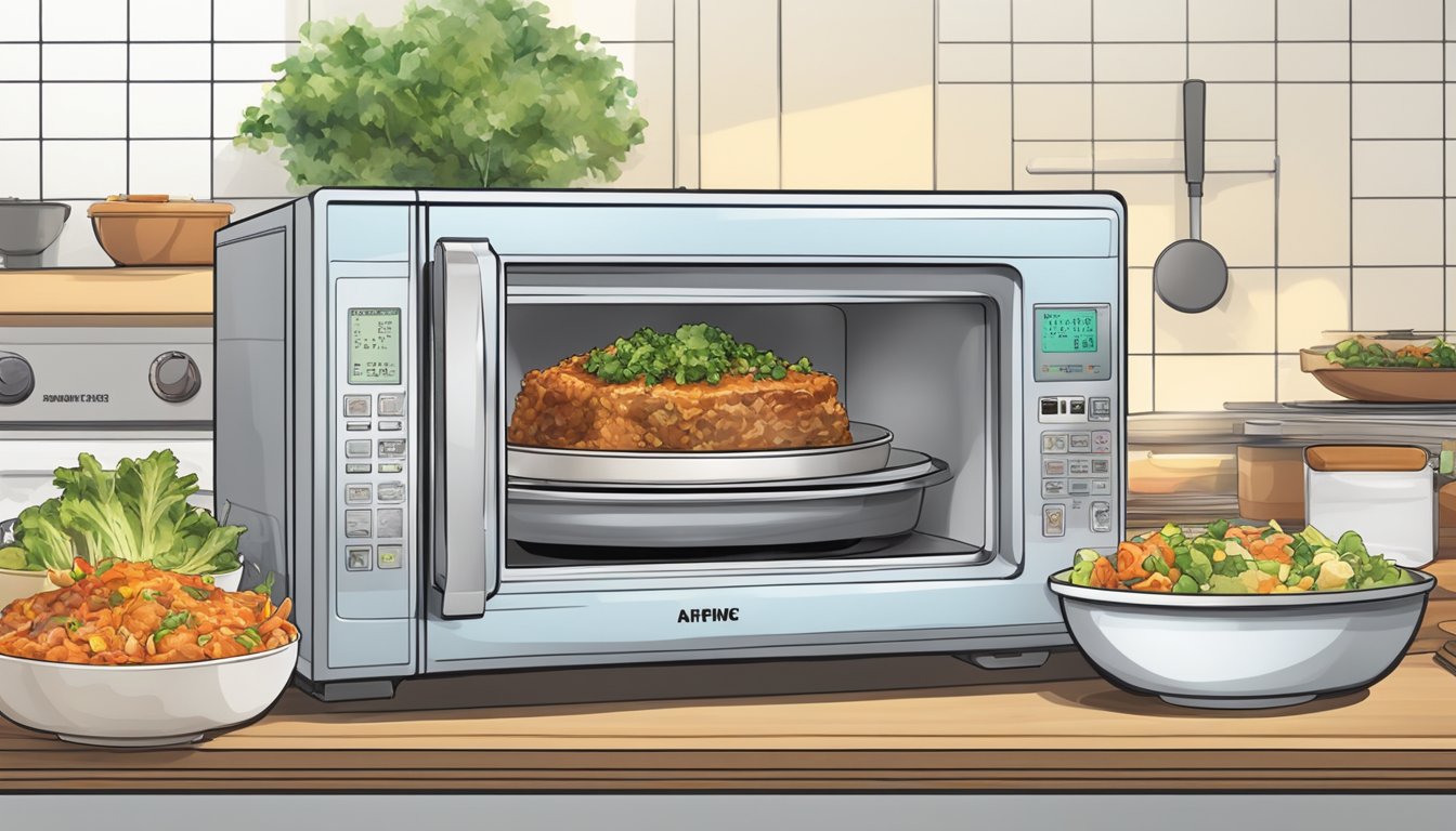 A microwave with a steaming ahi tuna poke bowl inside, surrounded by various reheating methods such as oven, stovetop, and air fryer