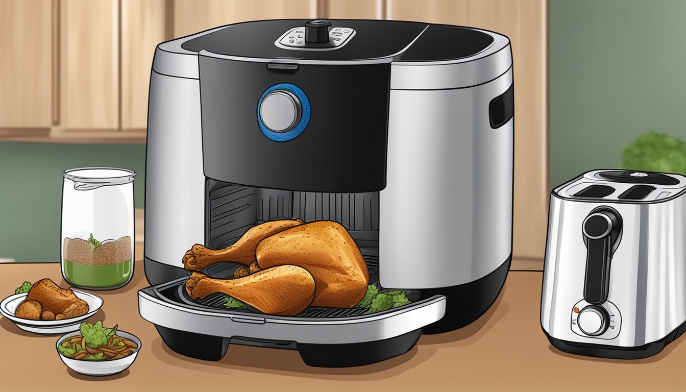 A plate of adobo chicken being placed into an air fryer, with the appliance set to the appropriate temperature and time for reheating