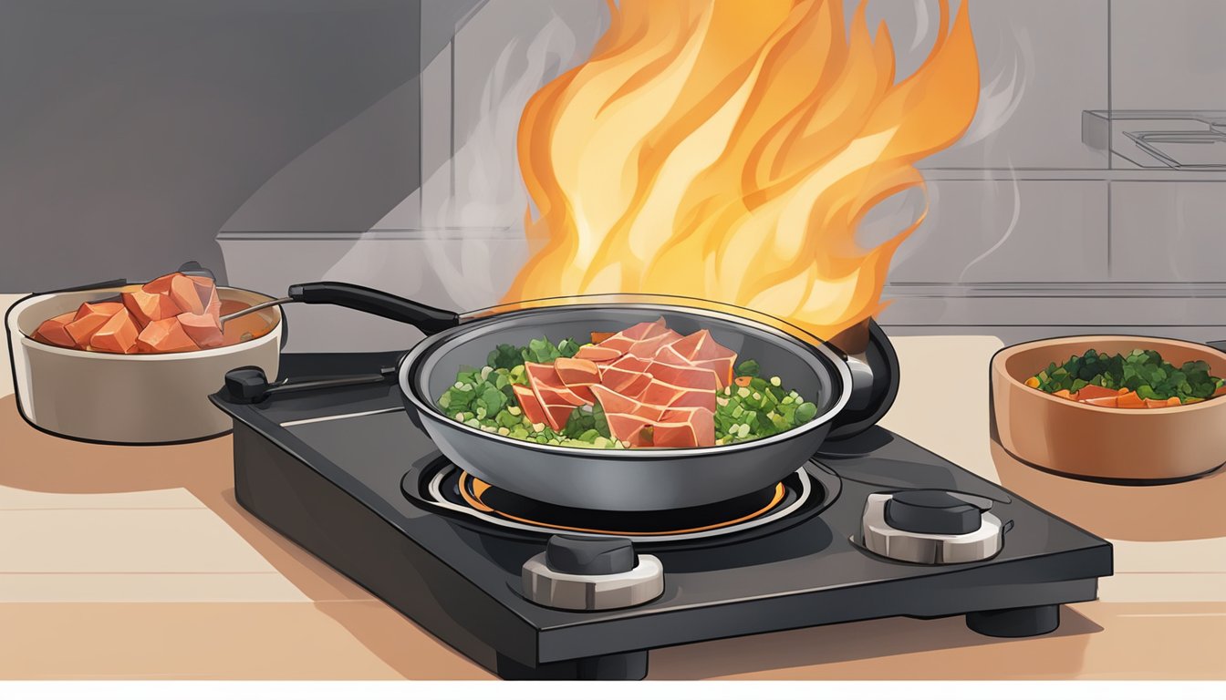 A stovetop with a pan containing ahi tuna poke bowl being heated over a low flame