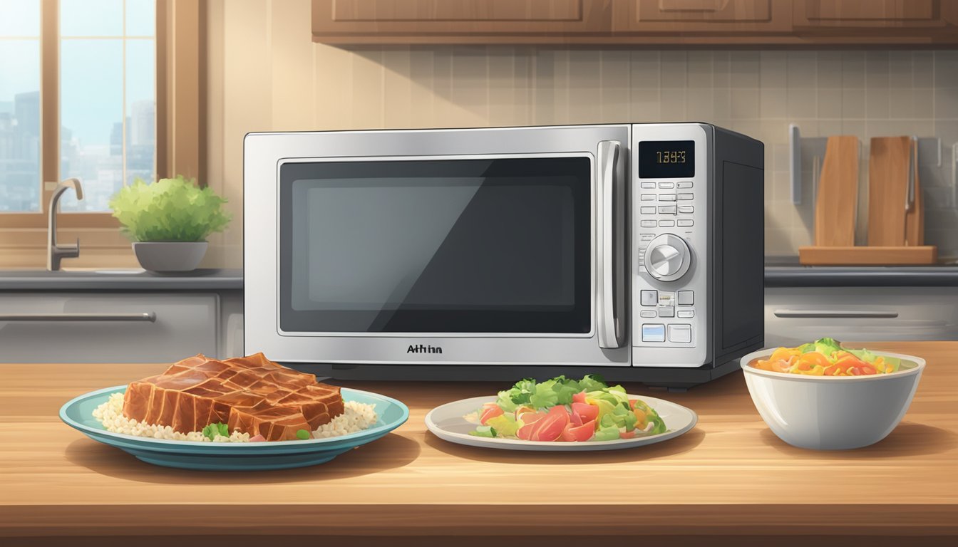 A microwave with a spinning plate inside, a bowl of ahi tuna poke, and a fork next to it on a wooden table