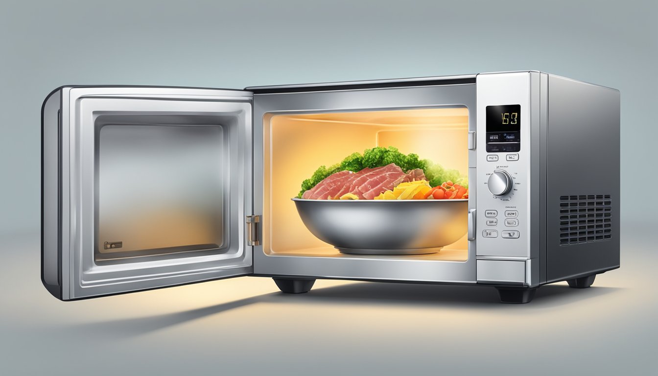 A microwave with a covered glass dish of ahi tuna poke bowl inside, with a timer set and steam rising from the bowl