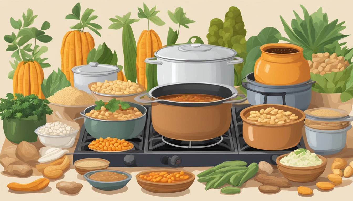 A pot of African peanut stew simmering on the stove, surrounded by various ingredients and substitution options