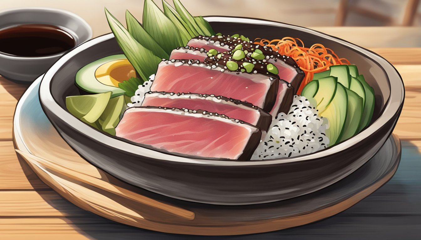 A steaming ahi tuna poke bowl sits on a wooden table, surrounded by chopsticks and a small dish of soy sauce