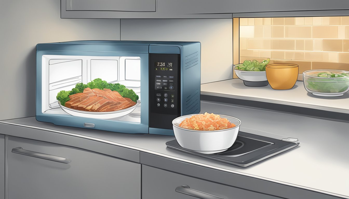 A microwave-safe bowl of leftover tuna poke sits next to a microwave with the door open. Steam rises from the bowl as it reheats