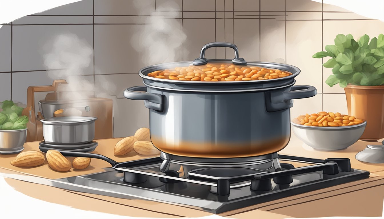 A pot of African peanut stew being reheated on a stovetop, steam rising and rich aroma filling the kitchen