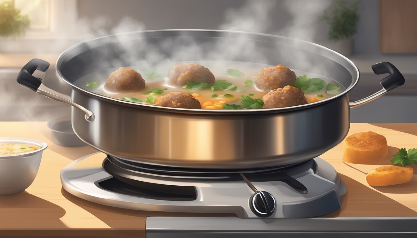 A steaming pot of albondigas soup on a stovetop, with a ladle resting on the side. The soup is bubbling gently, emitting a savory aroma