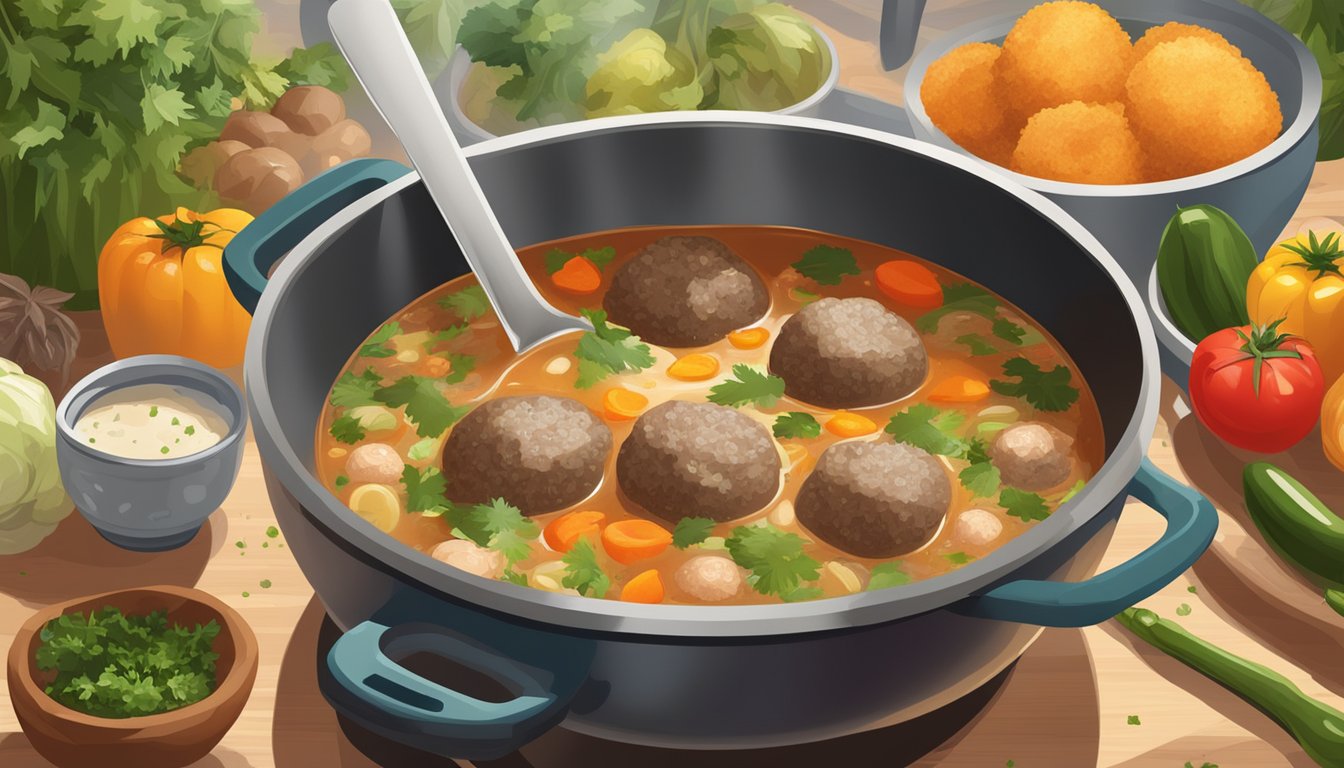 A steaming bowl of albondigas soup sits on a stovetop, surrounded by fresh ingredients and a ladle