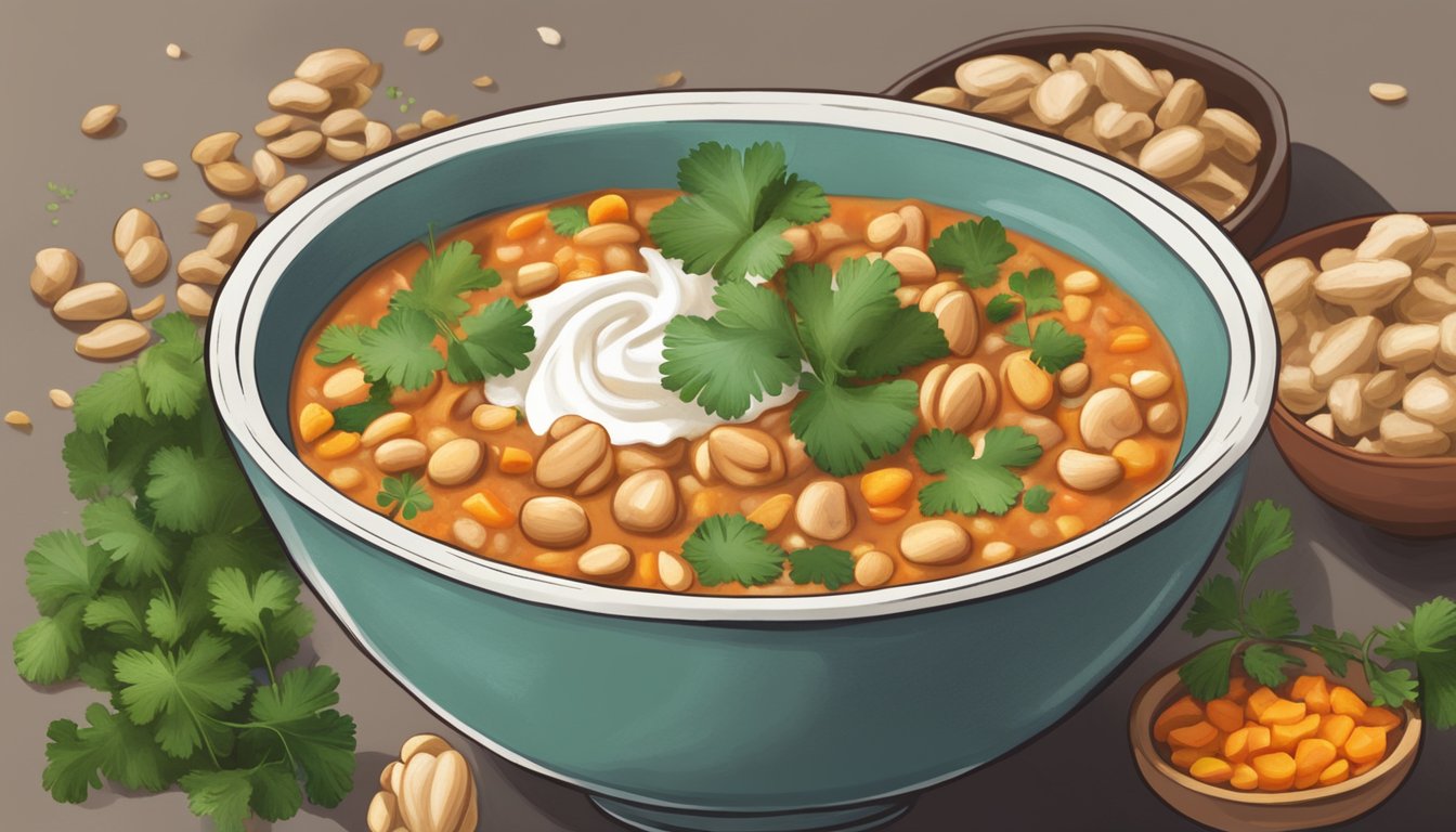 A steaming bowl of African peanut stew, surrounded by a colorful array of fresh cilantro, crushed peanuts, and a dollop of coconut cream