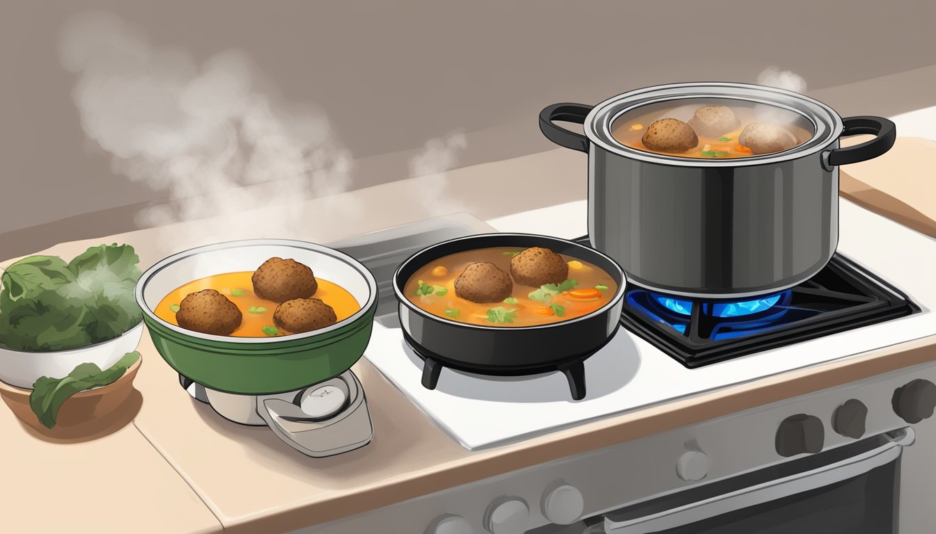 A pot of albondigas soup sits on a stovetop, steam rising from the surface. A bowl of reheated soup sits next to it