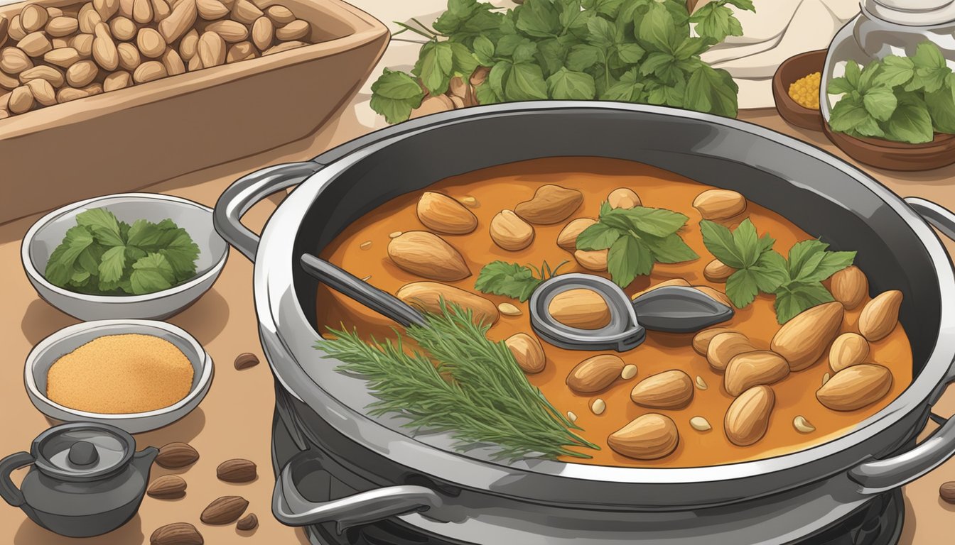 A pot of African peanut stew simmering on a stovetop, surrounded by various spices and herbs ready to be added for flavor enhancements and seasoning adjustments