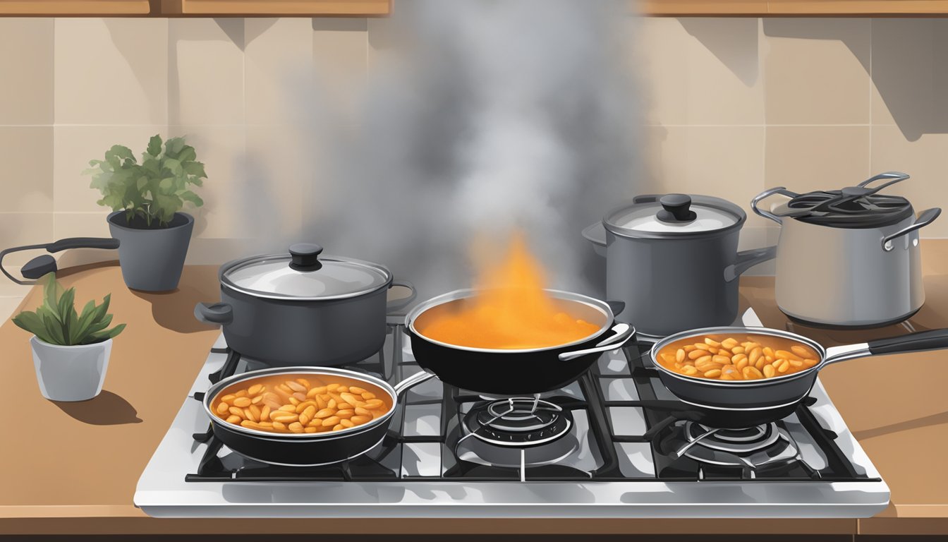 A pot of African peanut stew being reheated on a stovetop