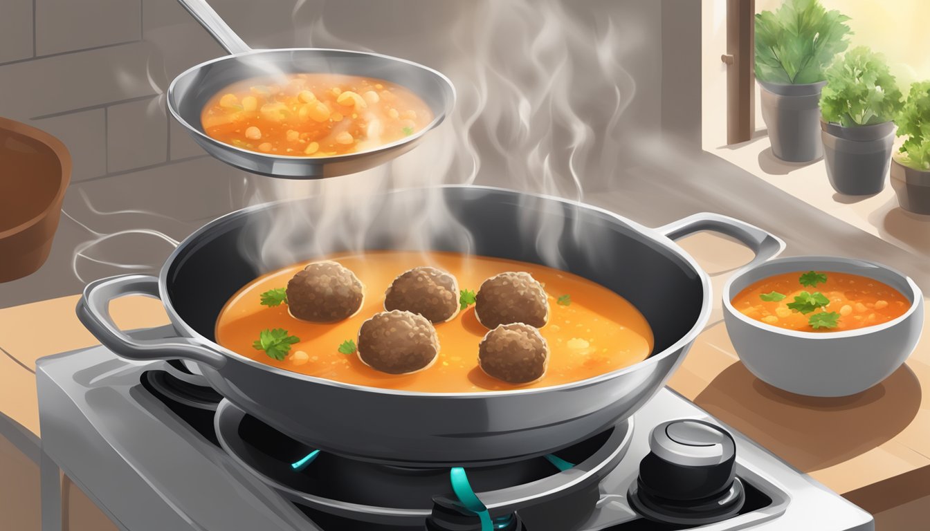 A steaming bowl of albondigas soup being gently reheated on a stovetop, with the aroma of the flavorful broth and meatballs wafting through the air