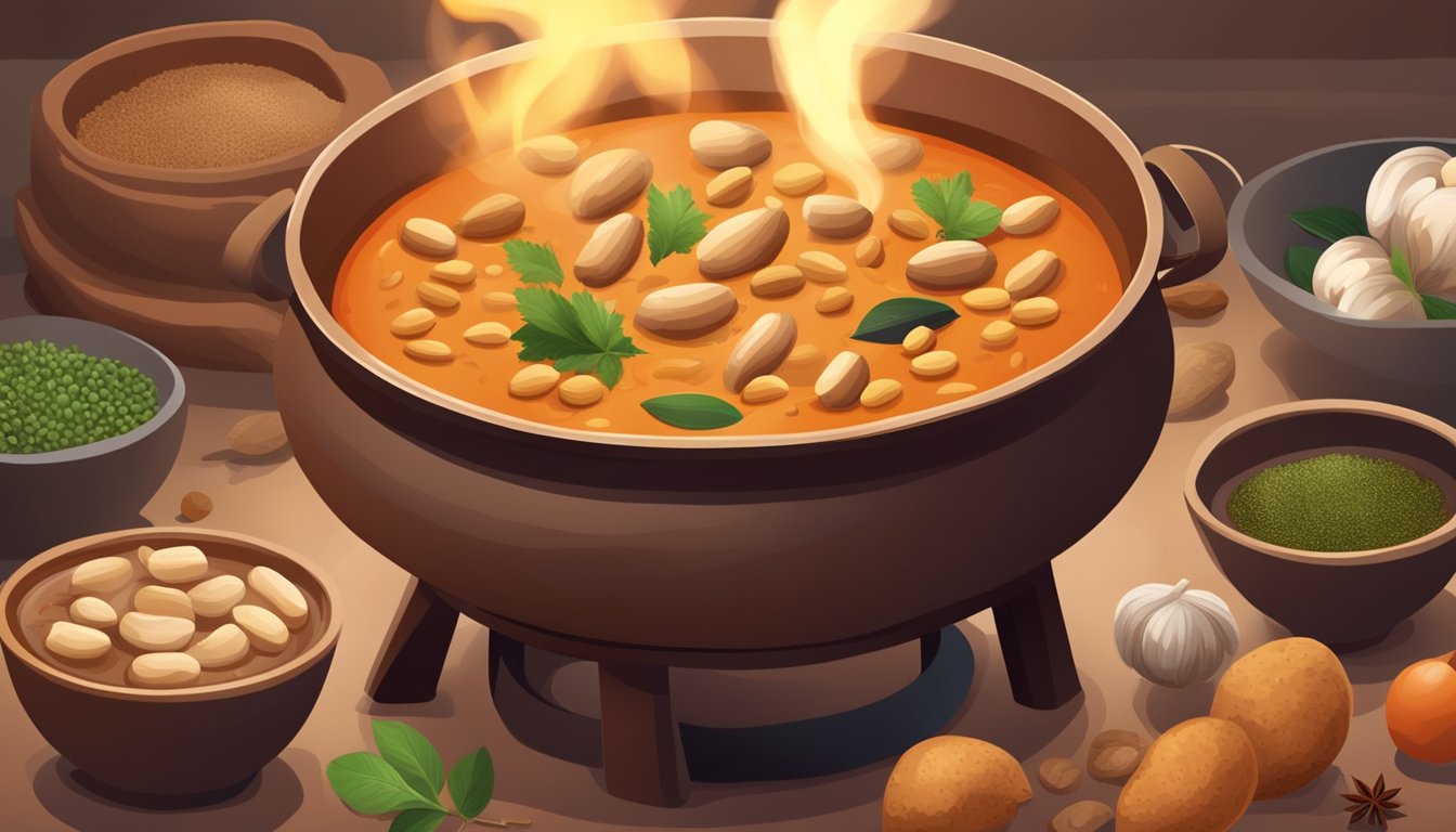 African peanut stew being reheated over open flame in a traditional clay pot, surrounded by various ingredients and spices