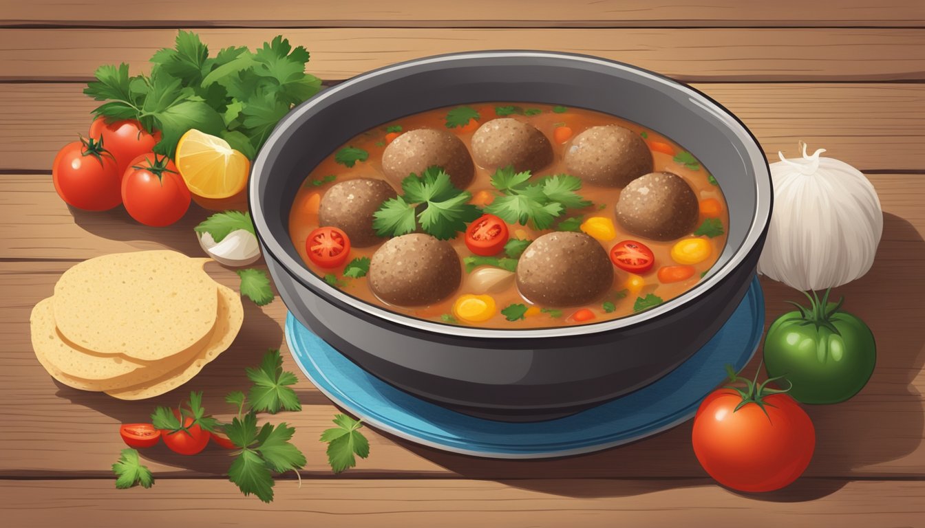 A steaming bowl of albondigas soup sits on a rustic wooden table, surrounded by colorful ingredients like tomatoes, onions, and cilantro