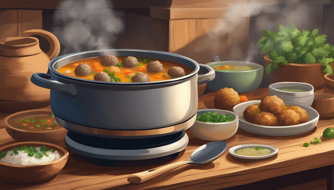 A steaming bowl of albondigas soup sits on a rustic wooden table, surrounded by a cozy kitchen with a pot simmering on the stove