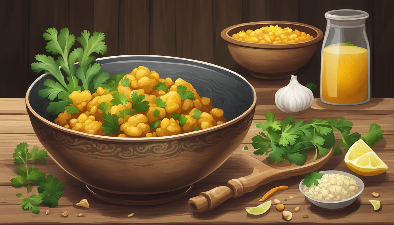 A steaming bowl of aloo gobi sits on a rustic wooden table, surrounded by scattered spices and a vibrant green cilantro garnish