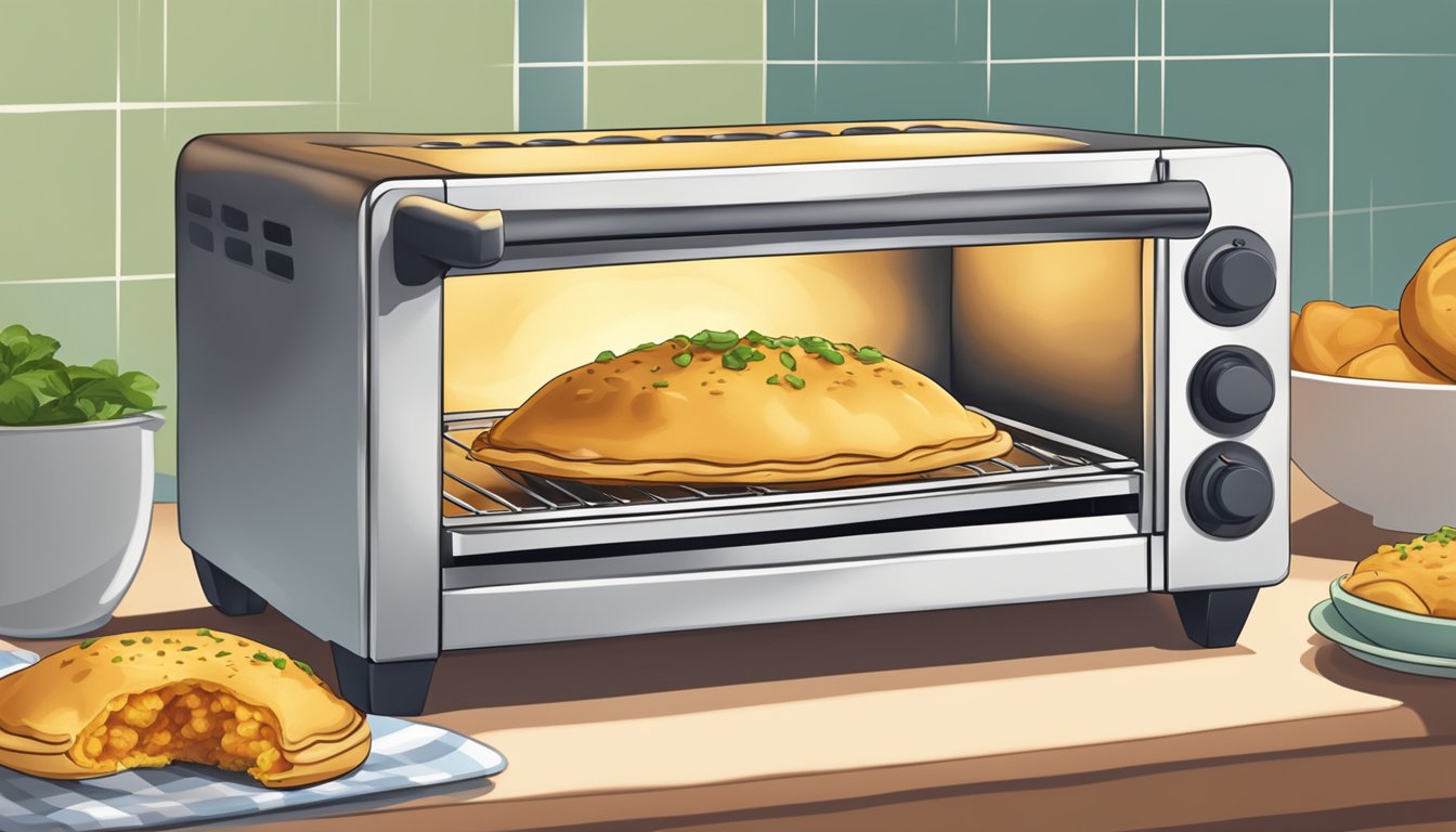 An empanada being reheated in a toaster oven