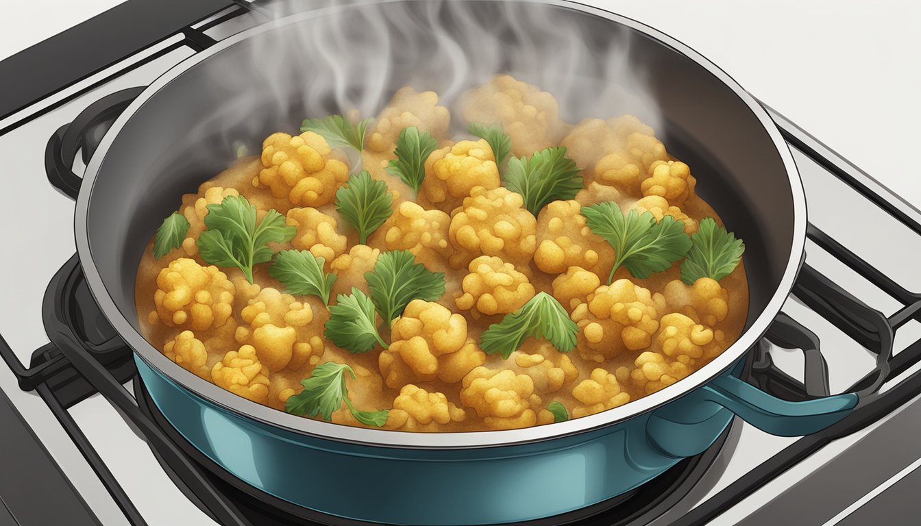 A steaming pot of aloo gobi being gently reheated on a stovetop, with aromatic spices wafting through the air