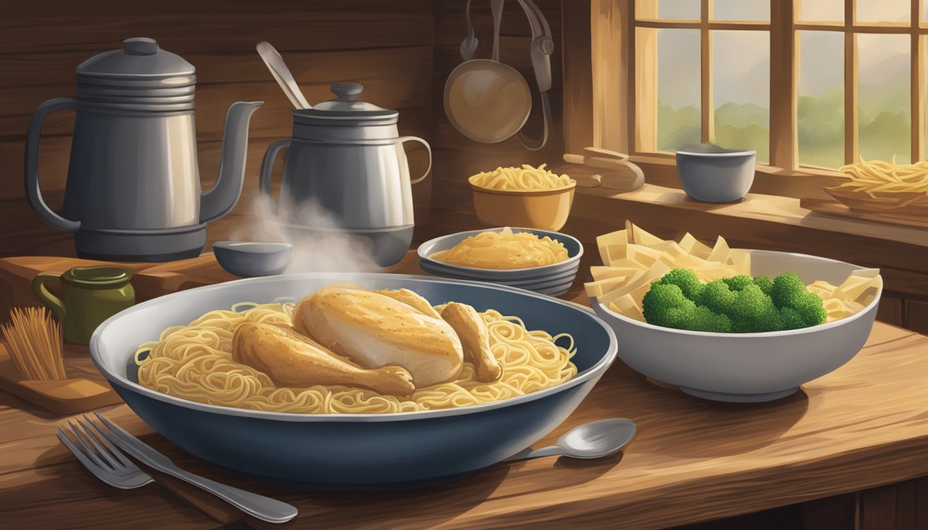 A steaming bowl of Amish chicken and noodles sits on a rustic wooden table, surrounded by a cozy kitchen atmosphere