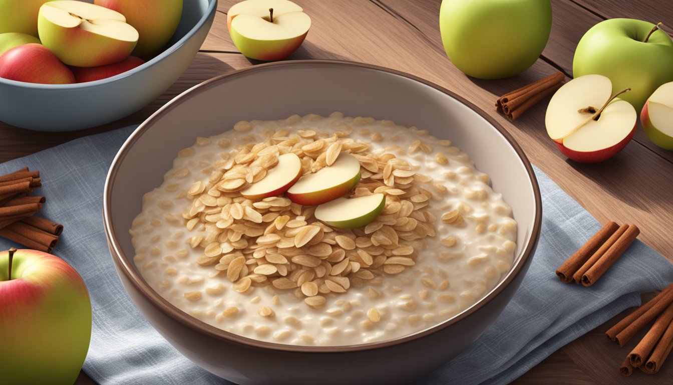 A steaming bowl of apple cinnamon oatmeal sits on a rustic wooden table, surrounded by scattered apple slices and a sprinkle of cinnamon