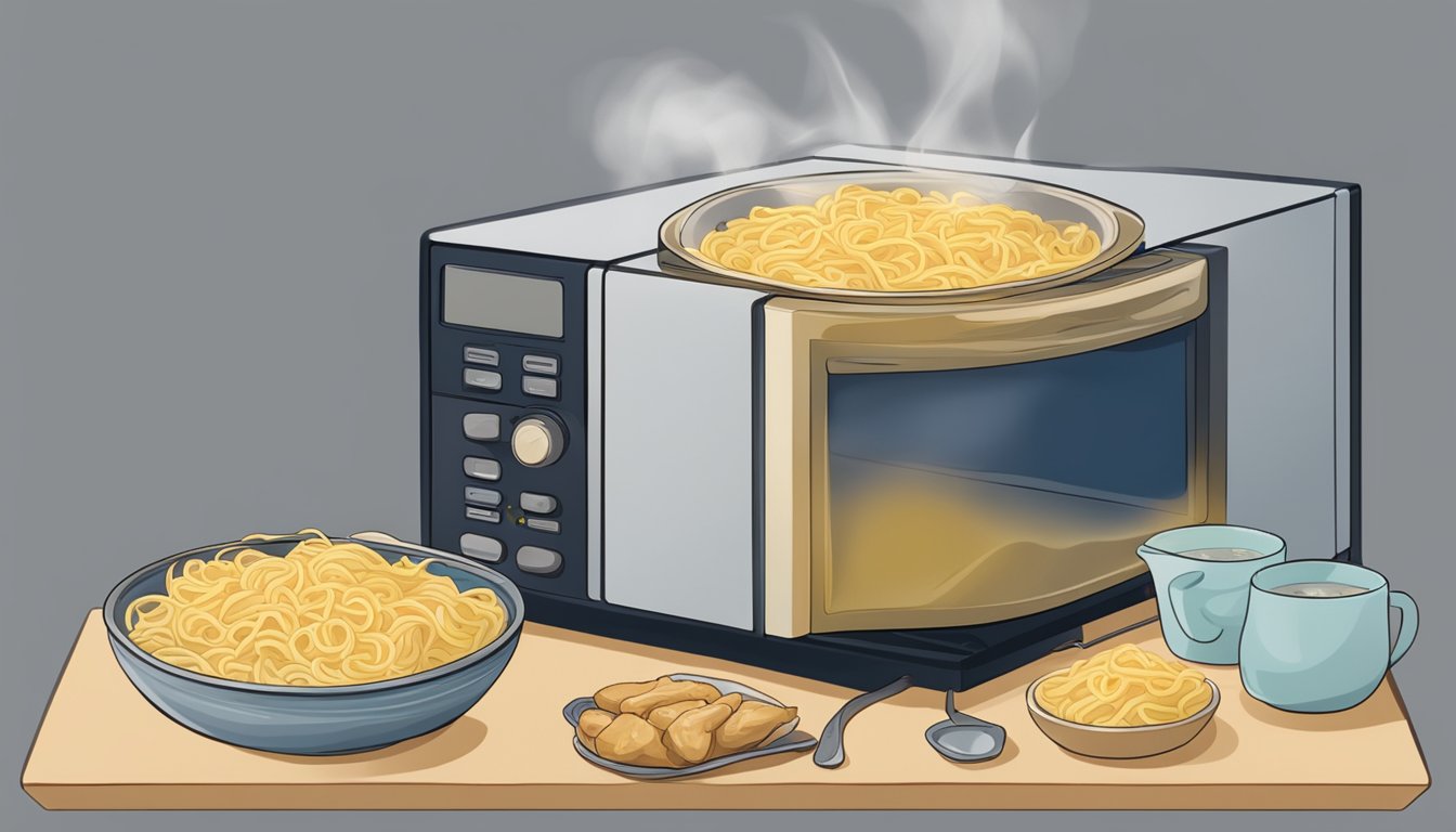 A steaming bowl of Amish chicken and noodles being reheated in a microwave