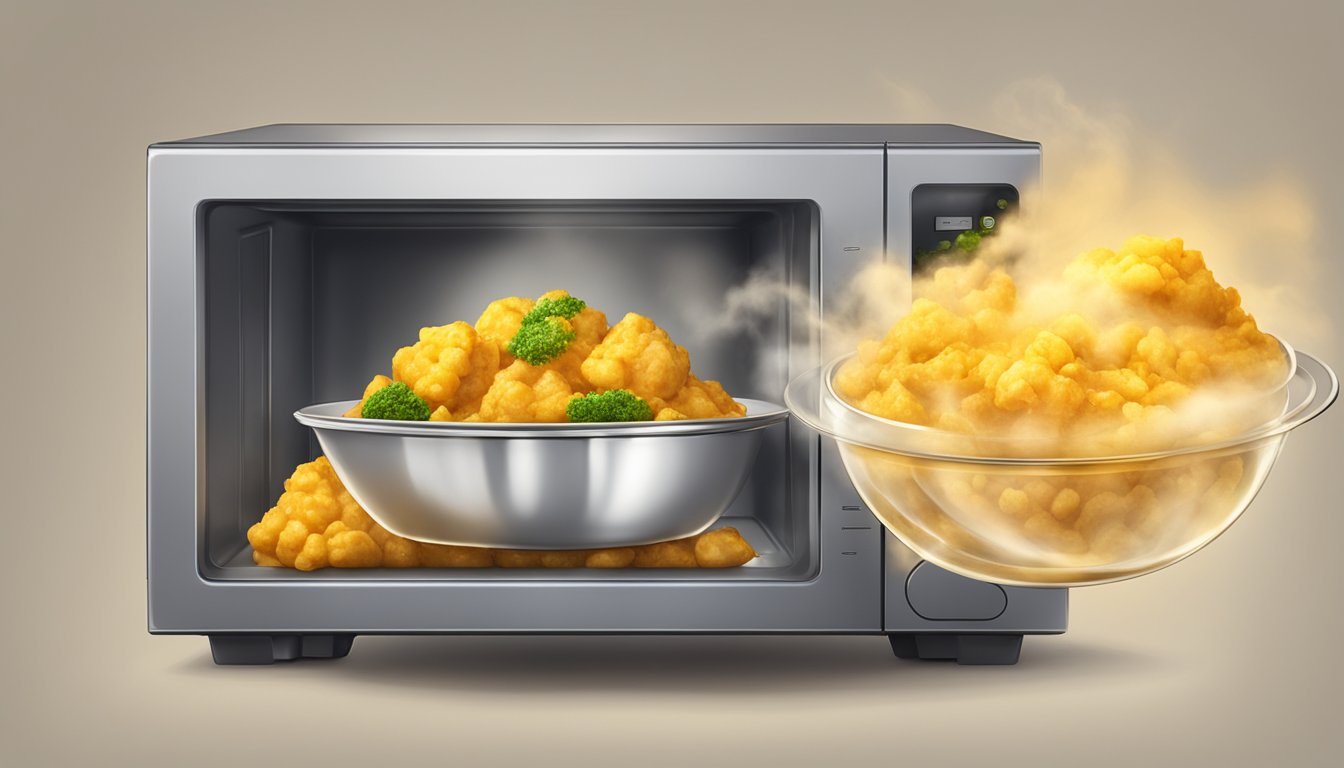 A microwave with a bowl of aloo gobi inside, steam rising from the dish