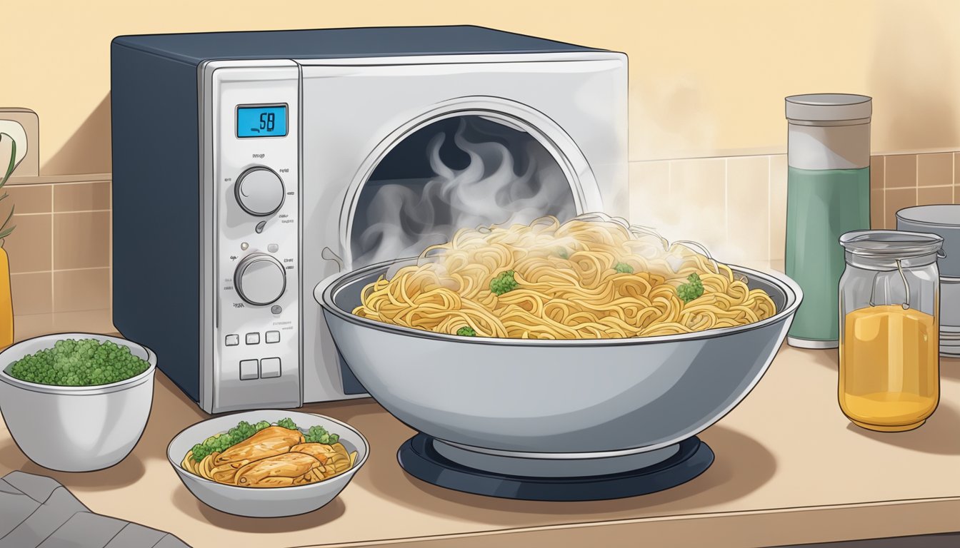 A steaming bowl of chicken and noodles being carefully reheated in a microwave with a cover to ensure even heating