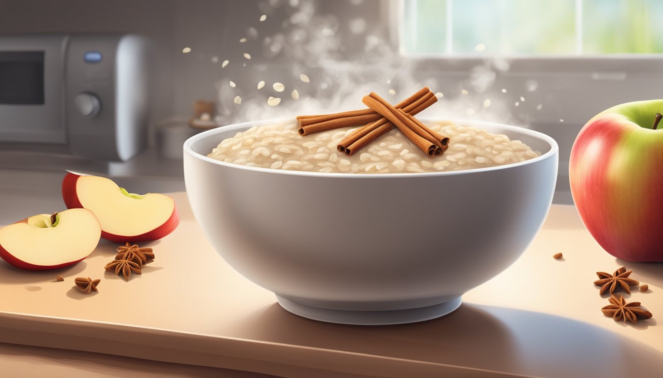 A bowl of apple cinnamon oatmeal being reheated in the microwave, with steam rising from the surface and the sweet aroma filling the kitchen