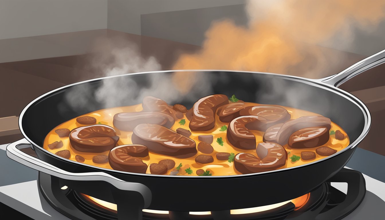 A skillet sizzling with reheated andouille sausage, steam rising