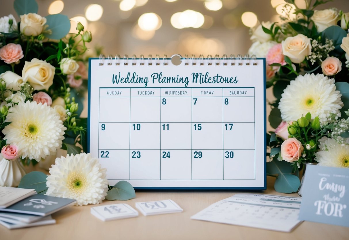 A calendar with wedding planning milestones marked, surrounded by floral arrangements and wedding decor samples