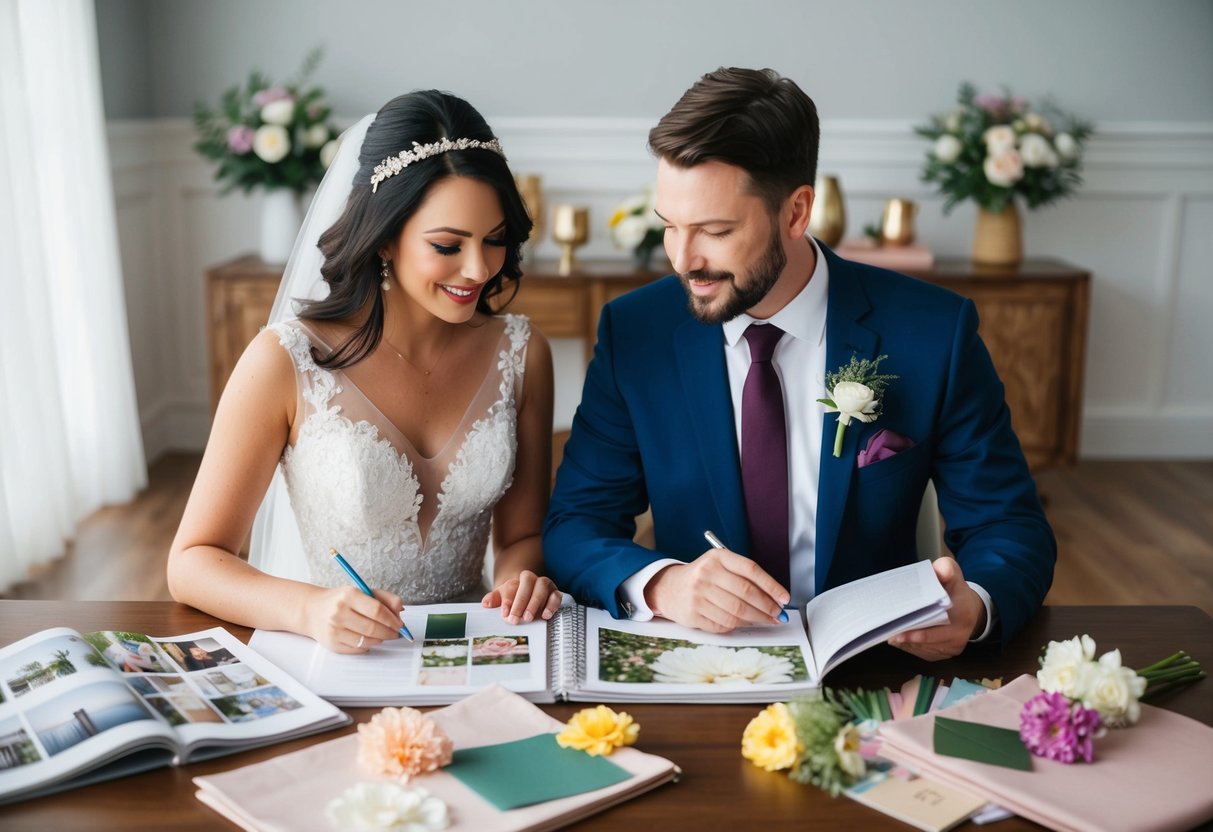 A couple sitting at a table, surrounded by wedding magazines and samples of fabrics and flowers. They are discussing and making notes in a planner