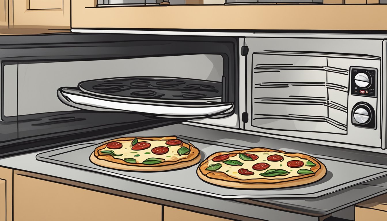 Anchovy pizza placed on a baking sheet in a preheated oven. A microwave and skillet sit nearby