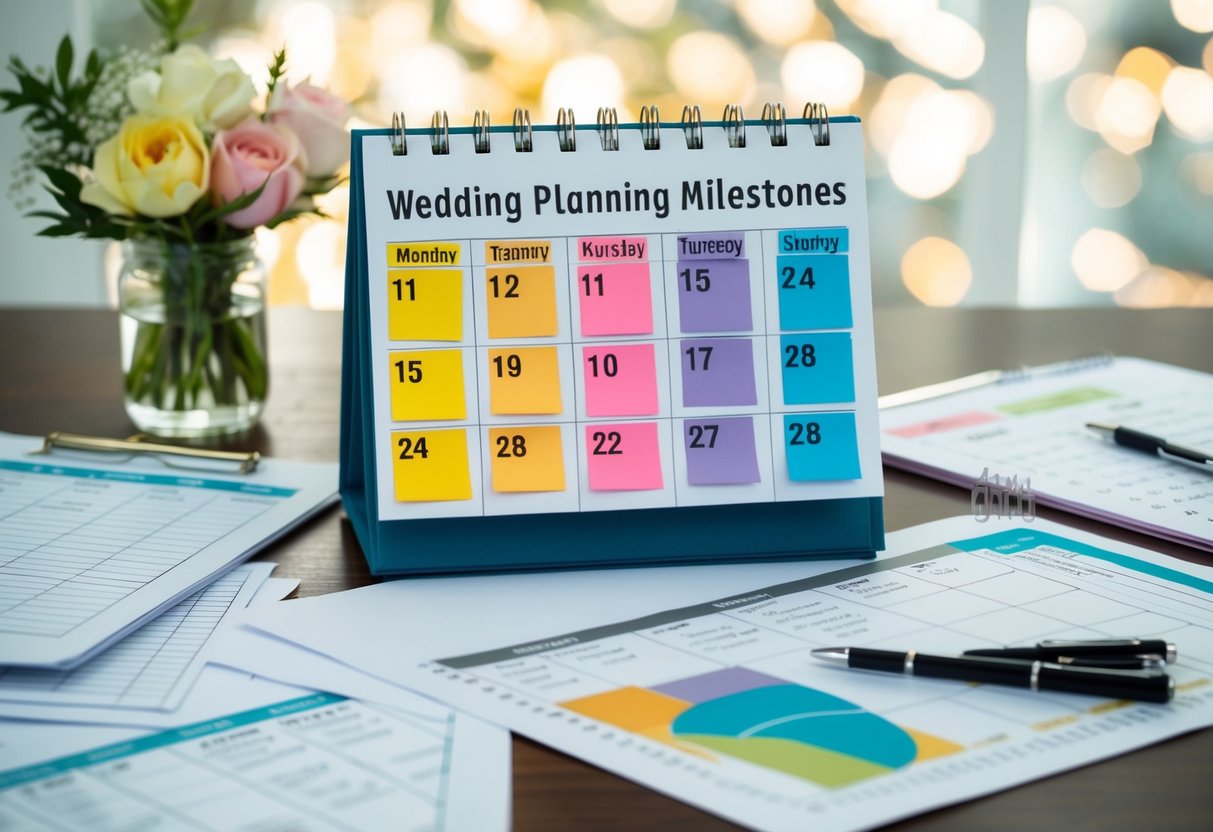 A calendar with wedding planning milestones marked in different colors, surrounded by budgeting spreadsheets and checklists